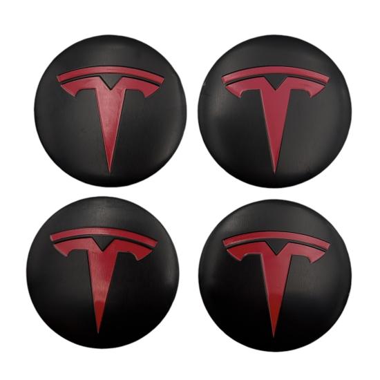 TESLA MAT SİYAH KIRMIZI JANT KAPAĞI LOGO ETİKET SETİ